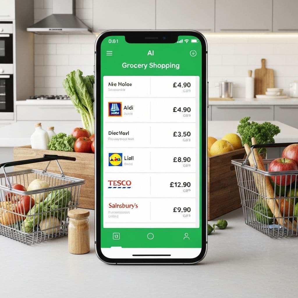 MUNCH AI Grocery Shopping App showing price comparison between UK supermarkets