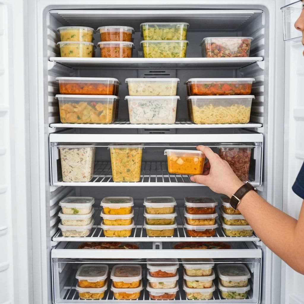 Organized freezer with labeled student meal prep containers