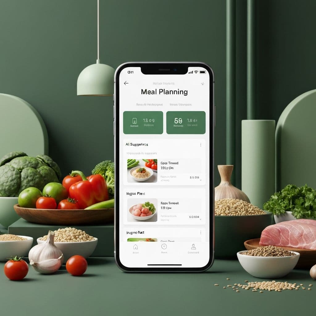AI-powered meal planning app on smartphone with fresh ingredients