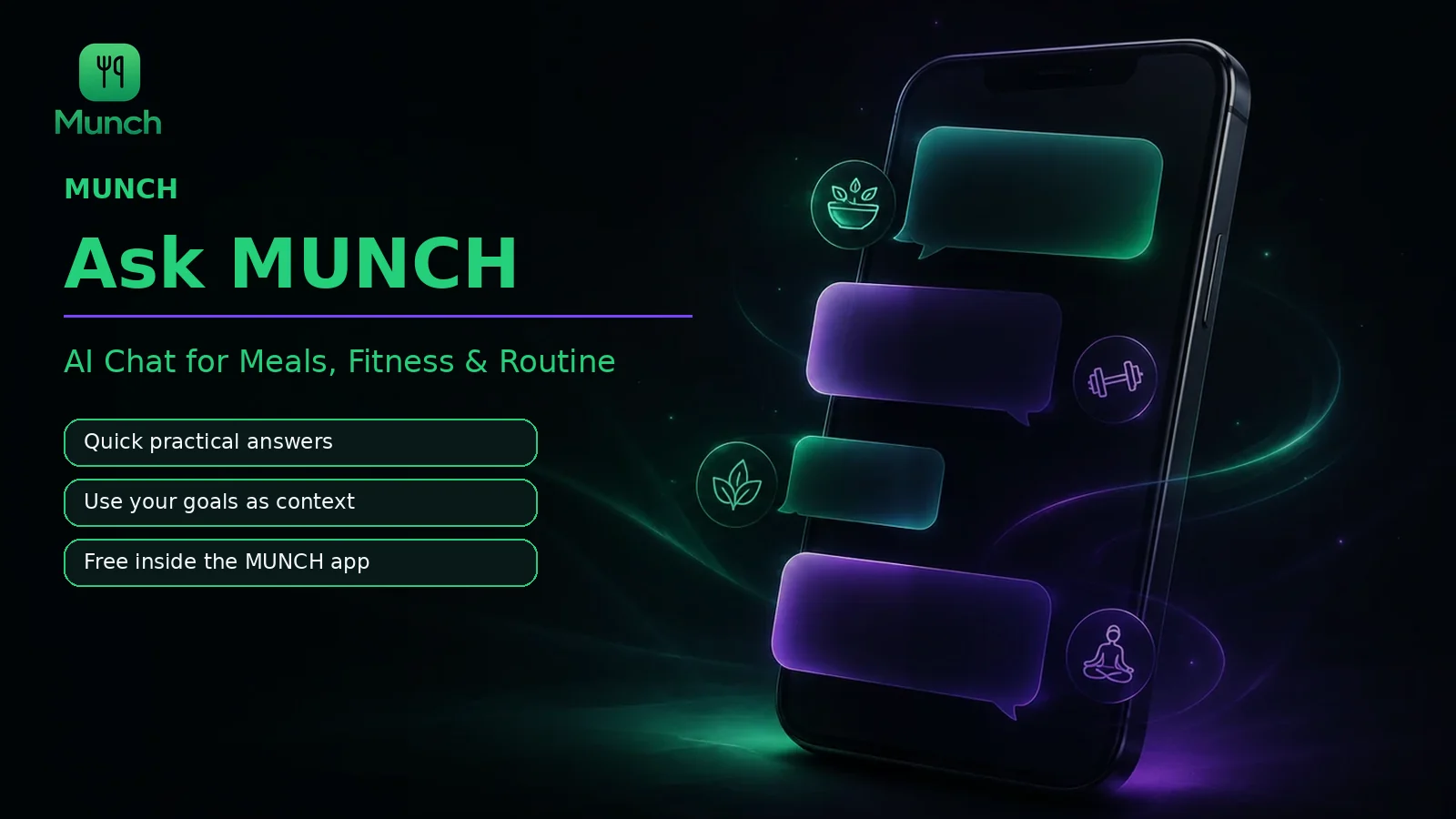 AI chat for meals and fitness showing an Ask MUNCH conversation in the MUNCH app