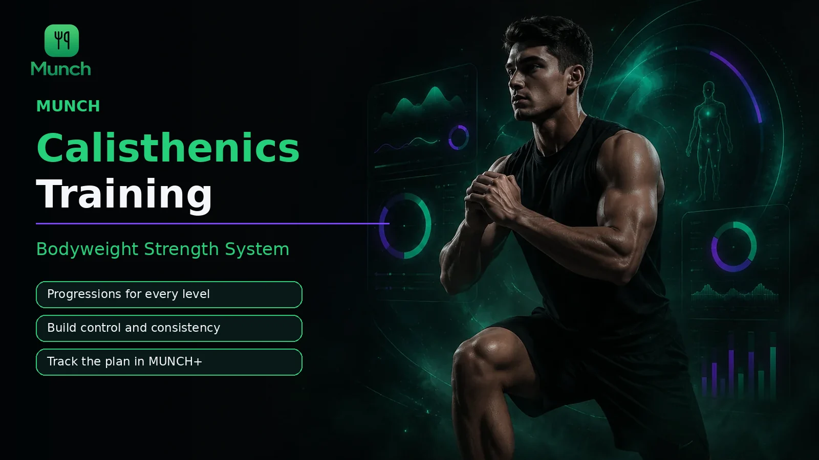 Calisthenics training plan app showing bodyweight strength progressions inside MUNCH Plus