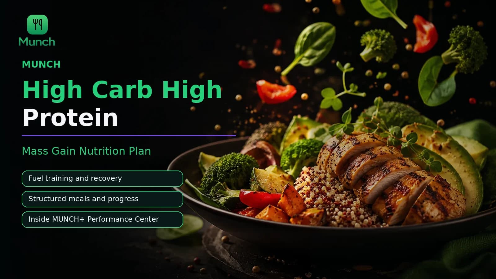 High carb high protein plan app for training fuel and mass gain inside MUNCH Plus