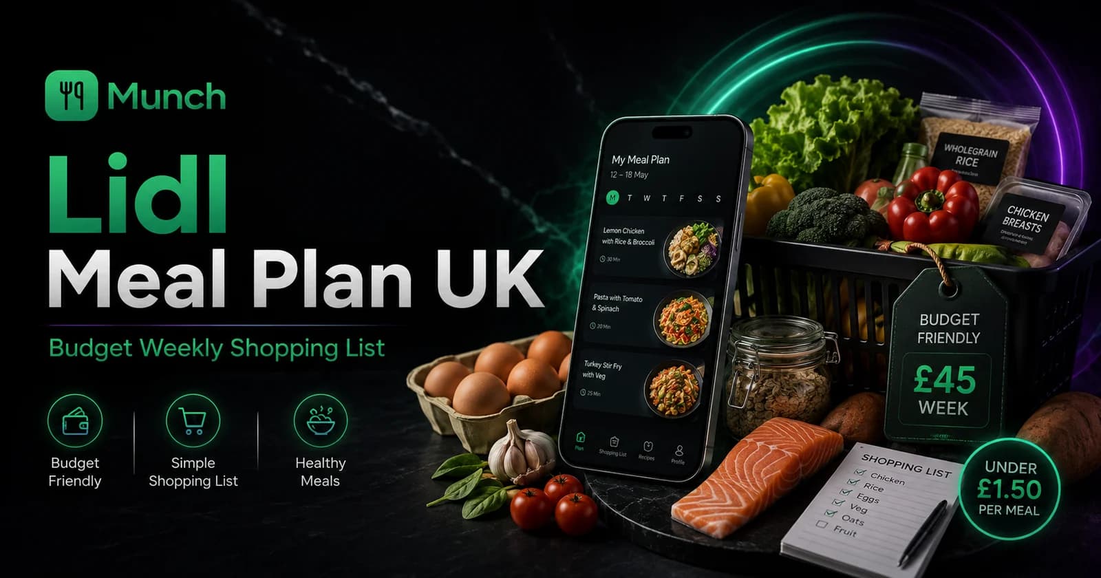 Lidl meal plan UK with a budget weekly shopping list organised in the MUNCH app