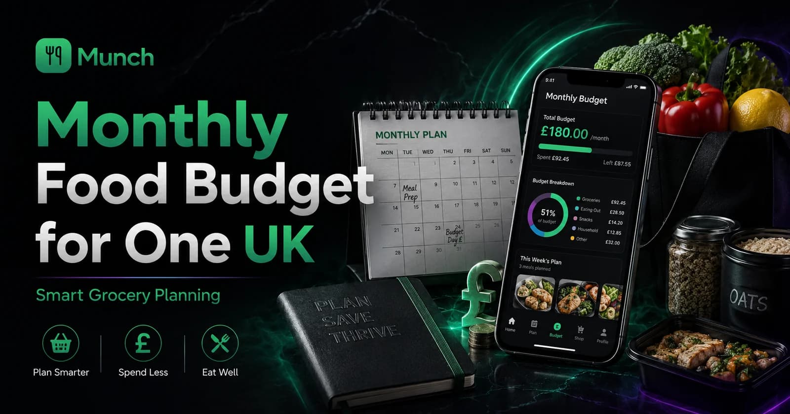 Monthly food budget for one UK organised as a four-week grocery and meal plan in MUNCH