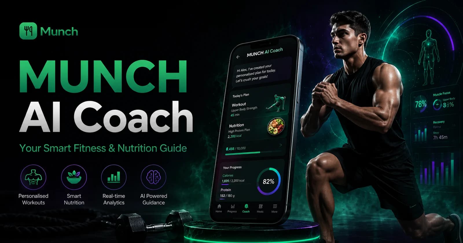 AI fitness and nutrition coach app showing contextual MUNCH guidance from plans and progress
