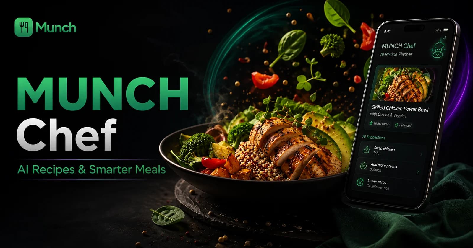 AI recipe generator from ingredients app showing a MUNCH Chef meal card and cooking steps