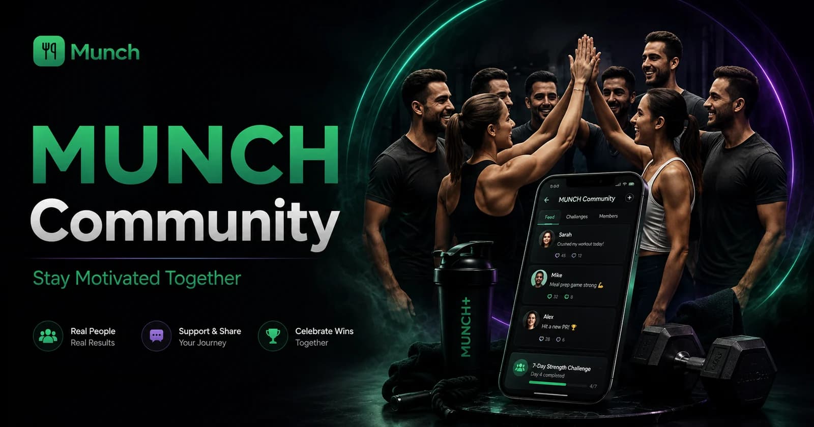 Student fitness community app UK showing MUNCH progress posts chat reactions and motivation